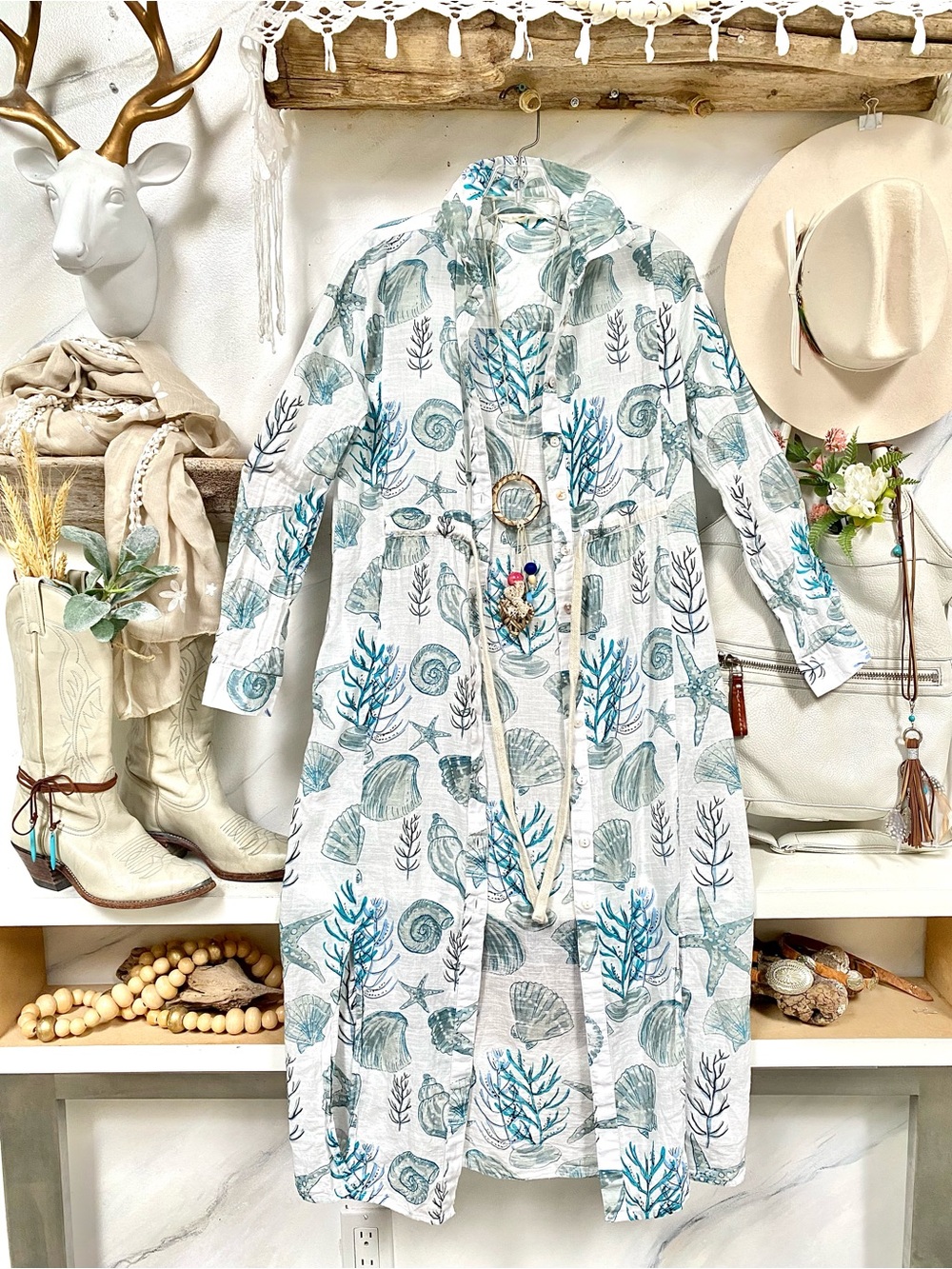 Beach shell boho duster/dress w resort vacay cruise shabby chic costal vibe